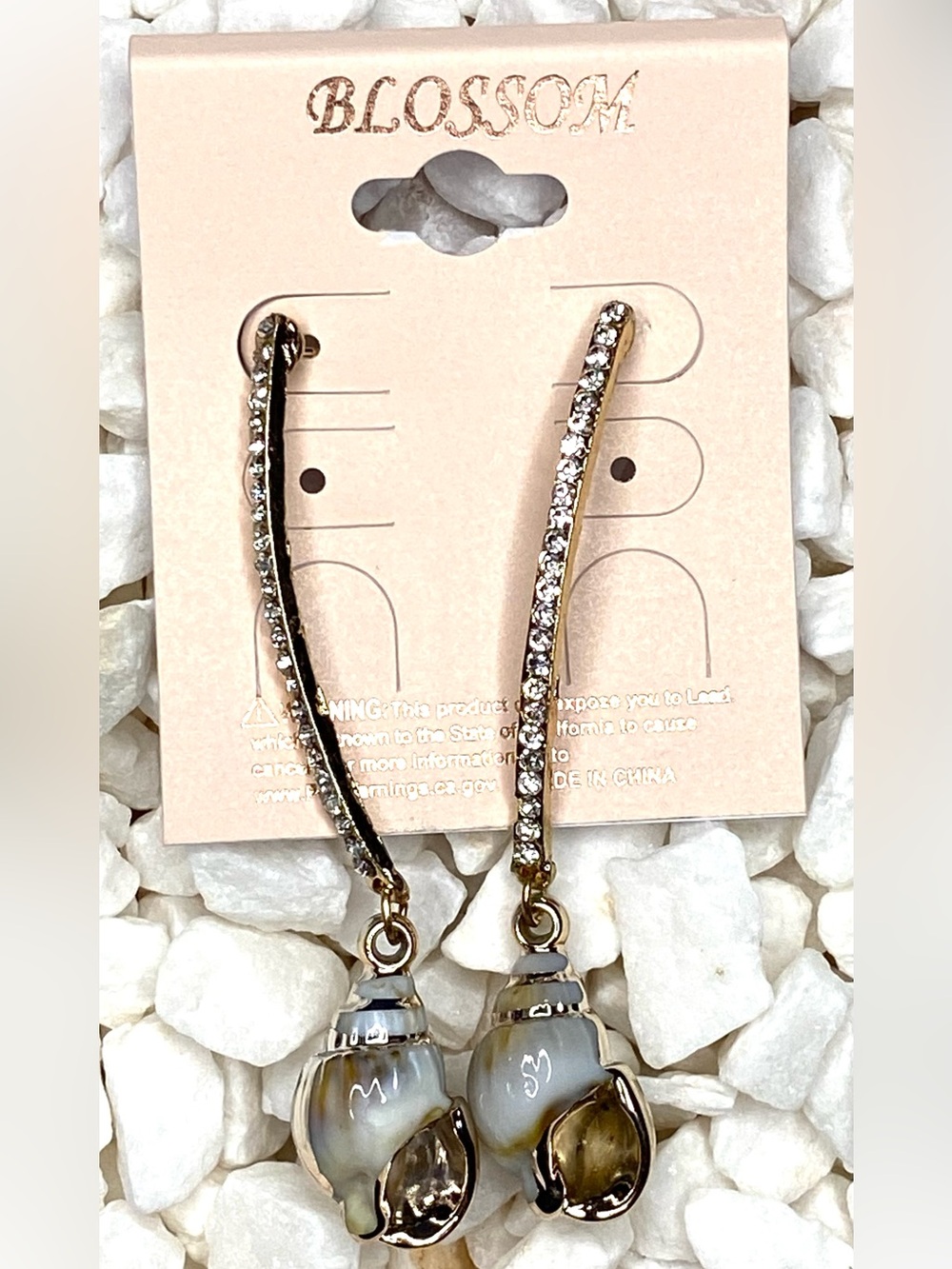 Gold-Tone Crystal Drop Earrings with Cream/Gray Shell Pendants